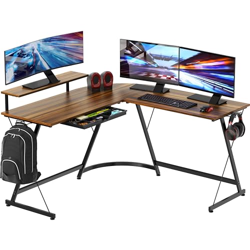 SHW 51 x 51 L-Shaped Corner Desk w/Monitor Stand and Drawer, Walnut | Drawer with adjustable compartments - color: Walnut