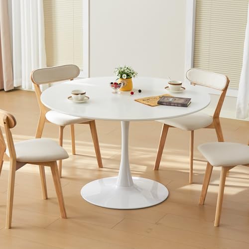 43.5" Tulip Table, Round Dining Table with Thickened Tabletop & Metal Pedestal, Mid Century Modern Bistro Circle Table for Kitchen, Small Places, Living Room, Cafe (White)