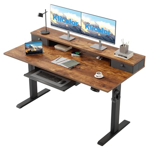 Klicelor 55 x 24 Inch Electric Standing Desk with Drawers and Keyboardtray, Adjustable Height Small Sit Stand Desk for Home Office, Compact Computer Workstation with Storage- Rustic Brown - color: Rustic Brown, size: 55 x 24 Inch with keyboard tray