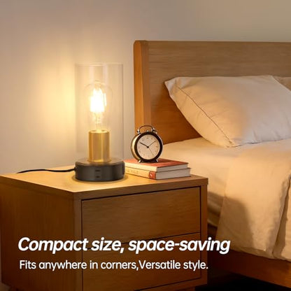 Shenmoyl Industrial Bedside Lamp with USB-A+C Charging Ports & AC Outlet, Small Touch Control Dimmable Table Lamp with Black Glod Base Glass Shade for Bedroom, Nightstand, Dorm, Office, Desk - color: Black-gold