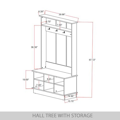 Entryway Hall Tree with Bench and 6 Storage Cubbies, Light Grey - color: Light Gray