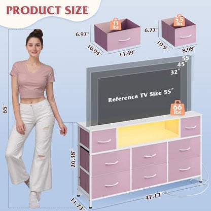 WLIVE LED Dresser TV Stand for 55 Inch TV, 8 Drawers, Pink | Fits TVs up to 55 inch, 8 fabric drawers, LED chest of drawers, Built-in power outlet, Living room or bedroom - color: A-pink