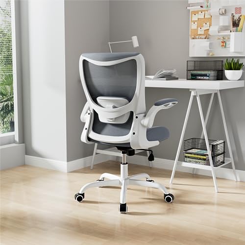 Office Chair, Ergonomic Desk Chair with Adjustable Lumbar Support and Flip up Armrest, Breathable Mesh Computer Chair for Home Office, Gray - color: Grey