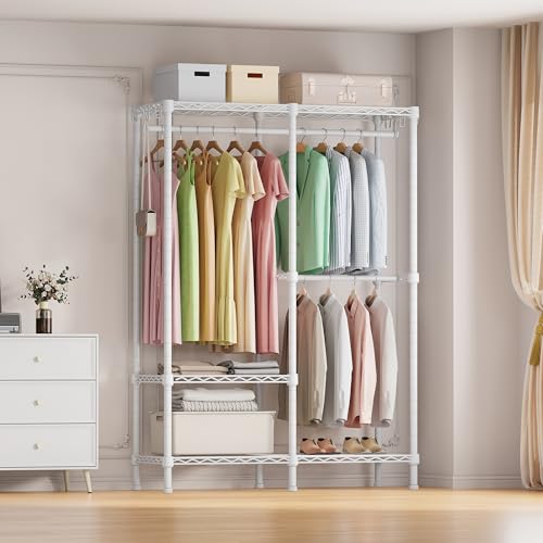 Higeego H18 Clothes Rack for Hanging Clothes, Heavy Duty Garment Rack | Clothing Rack, Portable Closet with Hanging Rods, Freestanding Wardrobe Closet, with Adjustable Shelves, White