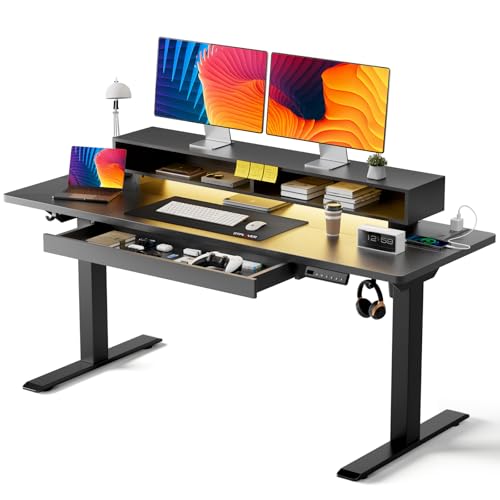 GTPLAYER Electric Standing Desk with Drawers, 55 x 24 Inch Height Adjustable Gaming Desk with Monitor Stand, Power Outlets & LED Lights, Home Office Sit Stand Up Desk with Memory Preset (Black) - color: Black, size: 55*24"