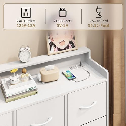 6 Drawer Dresser with Charging Station & LED, Storage Organizer for Bedroom | White Fabric Dresser, Chest of Drawers, TV Stand, Adjustable LED Light, Sturdy Frame, Wood Top, Side Hooks, Fits Small Spaces - color: White