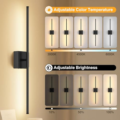 Battery Operated Wall Sconce Set of Two with Remote Control, 3000K-6000K Dimmable Black Wall Lights, Timable LED Wireless Wall Sconces, 350° Ratate for Bathroom, Living Room, Hallway 29.1 Inch - color: Black, size: 29.1in(2 Pack)