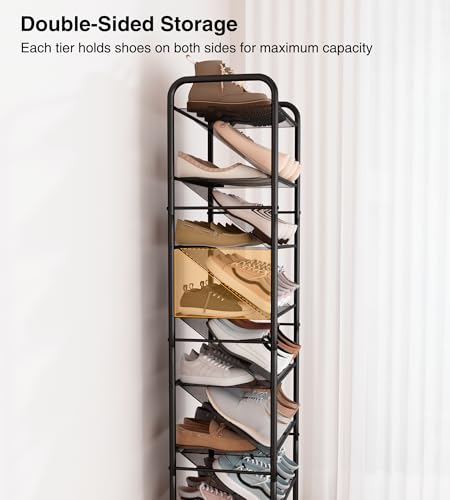 STO STO 8-Tier Narrow Shoe Rack with Lockable Wheels, Double-Sided Vinyl Mesh Shelf Shoe Organizer for Up to 30 Pairs, Slim Space Saving Metal Rolling Shoe Storage for Entryway, Closet, Hallway