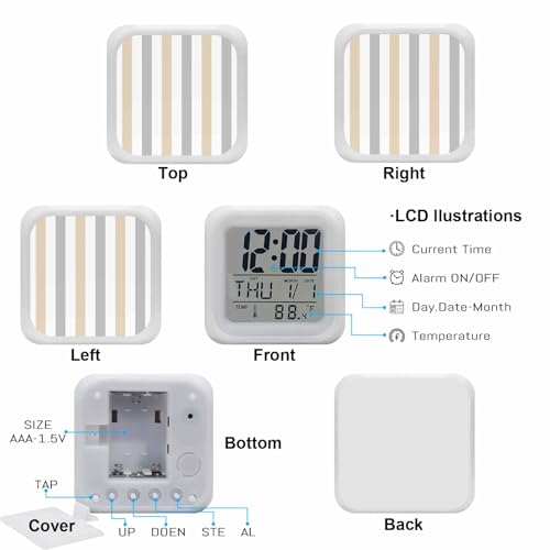 Digital Alarm Clocks for Bedroom,Classical Beige Grey Striped Cube Alarm Clock with Snooze and Nightlight Modern Minimalist Lines Silent Office Desk Clock Time/Date/Temperature Display - color: Beige