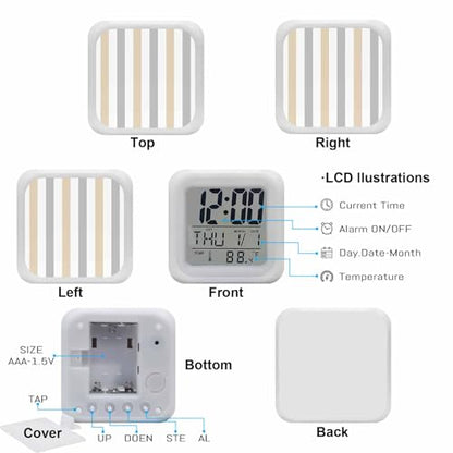 Digital Alarm Clocks for Bedroom,Classical Beige Grey Striped Cube Alarm Clock with Snooze and Nightlight Modern Minimalist Lines Silent Office Desk Clock Time/Date/Temperature Display - color: Beige