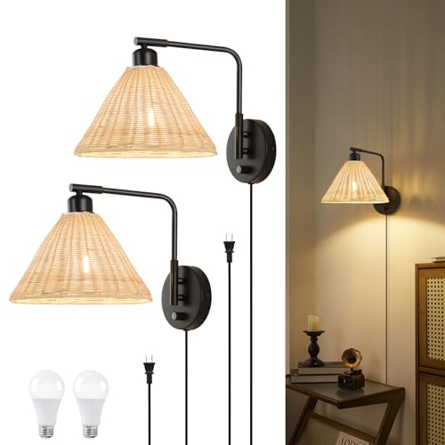 Plug in Wall Sconces Set of 2, Rattan Wall Lamps with Cord and Dimmer Switch, Black Swing Arm Wall Mounted Bedside Lamps for Bedroom, Living Room, Plug-in or Hardwired, Bulbs Included - color: Black