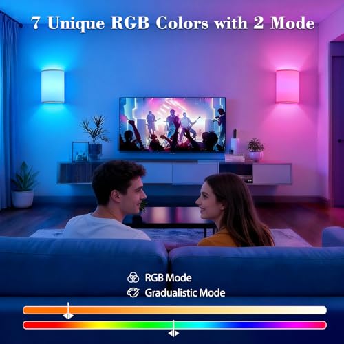 Battery Operated Wall Sconce Set of Two: 10000mAh Wireless Wall Light with Rechargeable Magnetic Bulb - Dimmable Wall Lamp with 7 RGB Colors - Linen Shade Sconces with Remote for Bedroom Living Room | Wireless Wall Light with Magnetic Bulb - Dimmable 7 RG