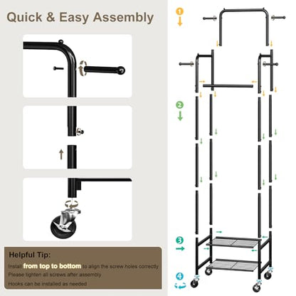Small Clothing Rack with Wheels, Narrow Rolling Clothes Rack with 2 Shelves | Gasvadivum 71" Tall Sturdy Metal Garment Rack with 4 Hanging Rods & 4 Hooks, Portable Coat Rack for Bedroom, Bathroom, Black - color: Black