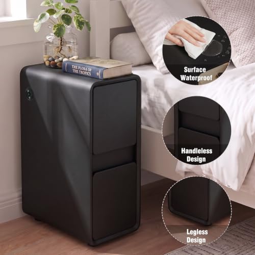 Modern Leather Nightstands of 2, Solid Wood Bedside Table with 2 Drawers & USB Charging Station, Small Preassembled End Table, Narrow Nightstand for Bedroom Living Room Office Black - color: Black, size: 8"