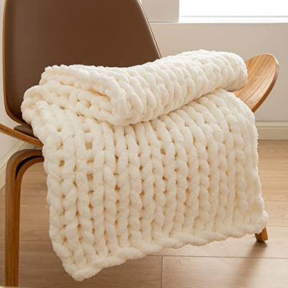 WESHIONGOO Chunky Knit Blanket Throw 40"×40" Cream White | Knitted Throw blankets for Couch Bed Fluffy Soft Blanket With Jumbo Chenille Yarn Thick 100% Handmade - color: Cream White, size: 40"x40"(Small Size Throw)