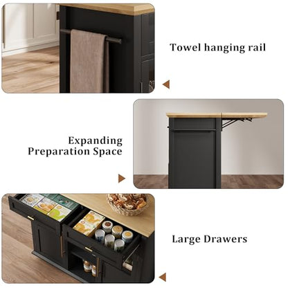 GAOMON 41" Rolling Kitchen Island Cart with Drop Leaf - Mobile Storage Cart 41" W x 16" D, Expandable Kitchen Island for Small Spaces, Farmhouse Style for Dining Room & Kitchen (Black and Natural)