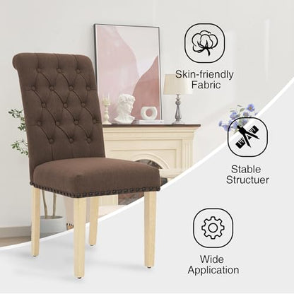 adochr Linen Dining Chairs Set of 6, Armless Parsons Chairs,Dark Brown | Wooden Legs & Tufted Buttons, Upholstered Dining Room Chair for Kitchen/Dining Room/Living Room - color: Dark Brown, size: 6PCS
