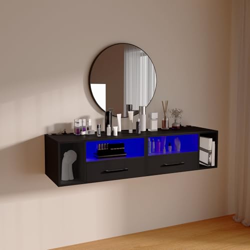 Floating Nightstand with Charging Station & Lights, Black | Floating Bedside Table with Drawers Wall Mounted Nightstands,for Bedroom Room, 21.3" x 11.8" x 10" - color: Black