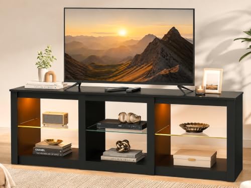 WLIVE TV Stand for 55/65/75 Inch TV, Modern Entertainment Center with LED Lights & Adjustable Glass Shelves, Sturdy Media Console for Living Room, Bedroom,Gaming (Black) - color: Black, size: 65" Modern TV Stand