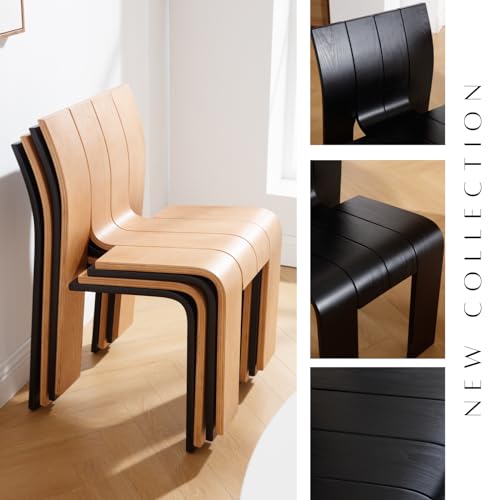 Wooden Dining Chairs Set of 4, Stackable Side Chairs, Black | Ergonomic Backrest, Solid Wood, No Assembly Required, Dining Room Chairs, Kitchen Chairs, Mid-Century Modern, Small Space - color: Black, size: 4 Chair