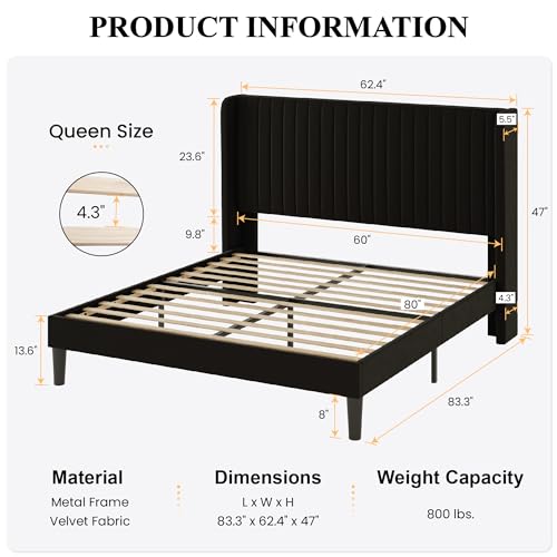 SHA CERLIN Queen Size Velvet Bed Frame, Tufted Wingback Headboard, Black | 47'' Modern Vertical Channel Headboard, Upholstered Platform Bed, Wood Slats, No Box Spring Needed, Easy Assembly, Noise Free - color: Black, size: Queen