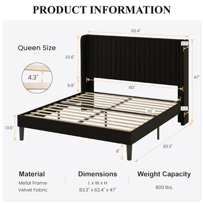 SHA CERLIN Queen Size Velvet Bed Frame, Tufted Wingback Headboard, Black | 47'' Modern Vertical Channel Headboard, Upholstered Platform Bed, Wood Slats, No Box Spring Needed, Easy Assembly, Noise Free - color: Black, size: Queen