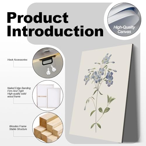 3 Pcs Framed Blue Botanical Canvas Wall Art Vintage Floral Plant Print Posters Rustic Farmhouse Minimalist Flower Decor for Living Room Bedroom 16x24 inch Ready to Hang - color: Blue Botanical, size: 24"L x 16"W