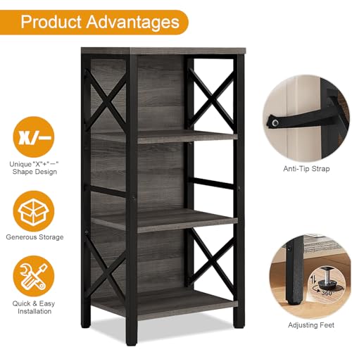 MNEETRUNG Small Bookshelf,4 Tier Industrial Bookcase with Metal Frame and Backboard,Narrow Rustic Gery Book Shelf,Book case for Small Spaces,Living Room,Bedroom and Home Office - color: Grey, size: 4-Tier (15.7"W x 11"D x 39.5"H)