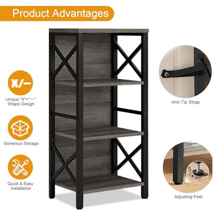 MNEETRUNG Small Bookshelf,4 Tier Industrial Bookcase with Metal Frame and Backboard,Narrow Rustic Gery Book Shelf,Book case for Small Spaces,Living Room,Bedroom and Home Office - color: Grey, size: 4-Tier (15.7"W x 11"D x 39.5"H)