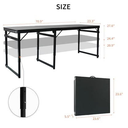 Folding Camping Table, Black Aluminum Frame,3-Position Adjustable Height,Lightweight Carry Handle, Portable for Travel, Camping Outdoor Use, 6FT x 2FT(X-Large), Black - size: 6 ft x 2 ft × 2.3 ft H