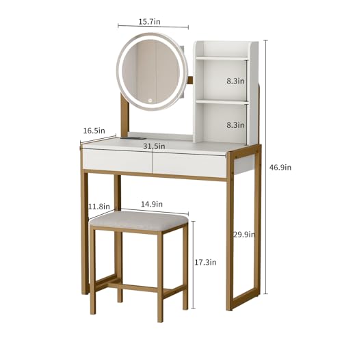 Small Vanity Desk with Mirror and Lights, Makeup Vanity Table with LED Mirror, 3 Lighting Modes, Power Outlet, Drawer, Open Shelves and Cushioned Stool for Bedroom (Gold) - color: Gold