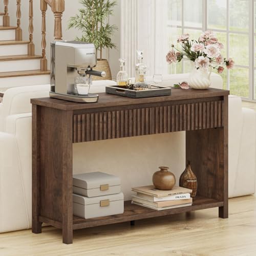 Console Tables for Entryway, Console Table with Drawers, 47In Sofa Table with Storage, Narrow Entryway Tables with 2-Tier Shelf, Farmhouse Fluted Couch Tables for Living Room, Rustic Oak - color: Rustic Oak