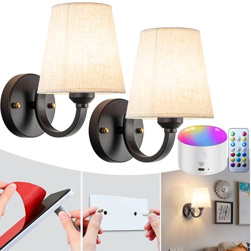YHCDLAMP Peel and Stick Wall Sconces, No Drilling Stick On Wall Sconce, Wireless Battery Operated Wall Lights, Adhesive Wall Lamp with 10000mAh Battery Bulb for Bedroom Living Room Decor - color: Black-10.2inch