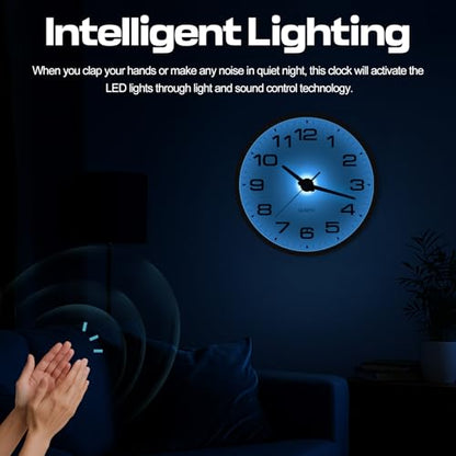 Night Light Wall Clocks Battery Operated, 12 Inch Silent Wall Clock for Bedroom Night Glow, Sound Control Luminous Wall Clocks for Living Room Decor, LED Wall Clock Modern for Kitchen Office - size: 12 Inch