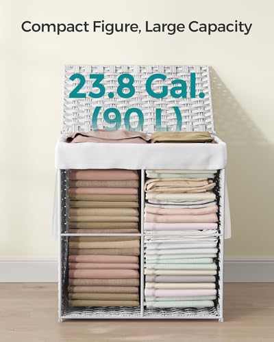 SONGMICS Laundry Hamper with Lid, 23.8 Gal (90 L) Synthetic Rattan,Foldable | Clothes Laundry Basket with Handles, Removable Liner, Cloud White, ELIOTT Collection ULCB165W01 - color: Cloud White, size: 90 L