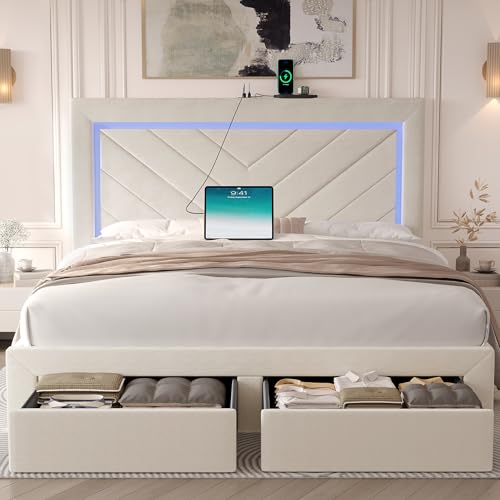Queen Size Bed Frame with Adjustable Headboard and Storage Drawer, Upholstered Bed Frame Queen with RGB LED Lights and Charging Station, Easy Assembly, No Box Spring Needed, Off White - color: Off White, size: Queen