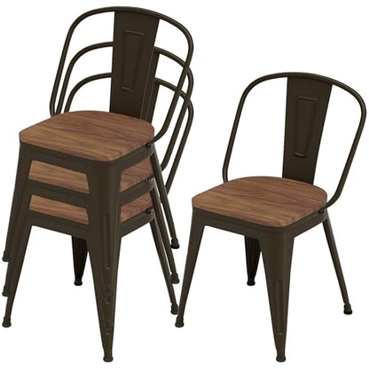 18 Inch Dining Chairs Set of 4, Farmhouse Metal Chairs with High Back and Wooden Seat, Stackable Industrial Bar stools for Dining Room(Rusty) - color: Rusty