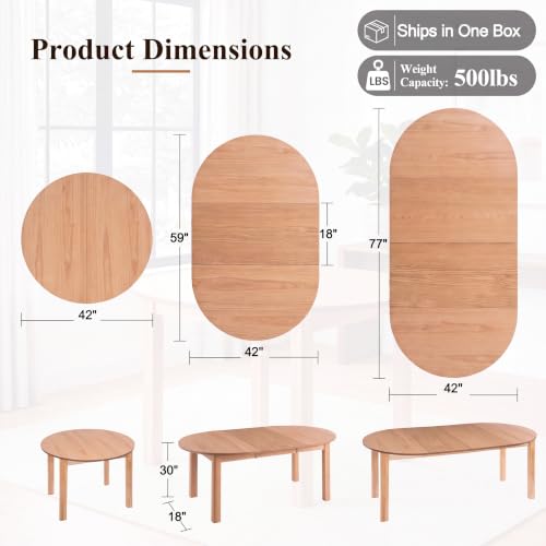 HNY Extendable Dining Table Round to Oval for 4-8, 42"-77" Oak Veneer Kitchen Table with Sturdy Legs, Modern Farmhouse Expandable Dining Room Table for Family Gatherings & Small Apartments, Natural - color: Natural