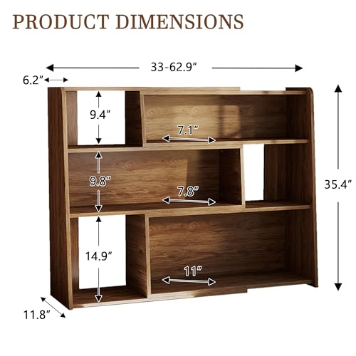 Expandable Bookshelf with Solid Wood Core, 3-Tier Ladder Bookcase, Extendable Corner Shelf for Small Space in Living Room, Study, Bedroom, Walnut