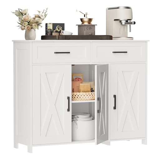Homhedy Coffee Bar Storage Cabinet with Drawers, Kitchen Buffet Cabinet | Sideboard Cabinet with Doors, Farmhouse Buffet Cabinet, Adjustable Shelves, for Kitchen / Dining / Living Room, White - color: White