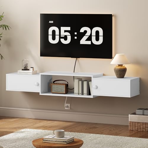 HOOBRO 55" Floating TV Stand with Power Outlet, Modern Wall Mounted Media Console Shelf Cabinet for Under TV Storage, Entertainment Center, Living Room, Bedroom, White WT11UDS01 - color: White