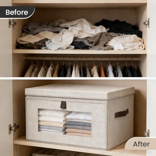 Magnetic Front Opening Fabric Storage Bins with Lids, 16.5×11.8×11in, 2Pack | Domsanistor 35L Storage Box with Window for Closet, Shelf, Living Room,Beige - size: 16.9 Inch-2 Pack