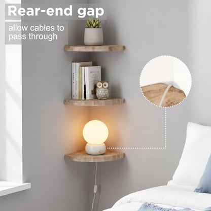 3 Pcs Small Corner Floating Shelves for Wall Solid Wood 7 Inch Rounded Corner Shelves Wall Mounted Natural Solid Elm Wood Shelf Rustic Style Wooden Hanging Shelf for Bedroom Decor(Wooden)