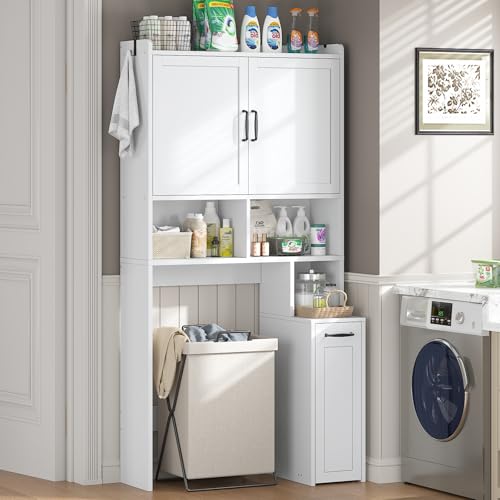Over The Toilet Storage Cabinet with Pulley Small Bathroom Storage Cabinet, Space Saver W/Adjustable Shelf & Open Shelf for Bathroom, Restroom, Laundry (White) - color: White