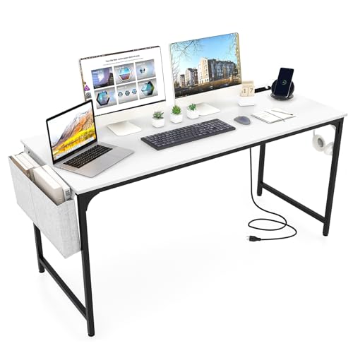 Giantex 60 Inch Computer Desk with Charging Station, Home Office Writing Desk with Storage Bag & Headphone Hook, Large Gaming Table PC Workstation, Modern Simple Laptop Desk for Bedroom, Study - color: White, size: 60"