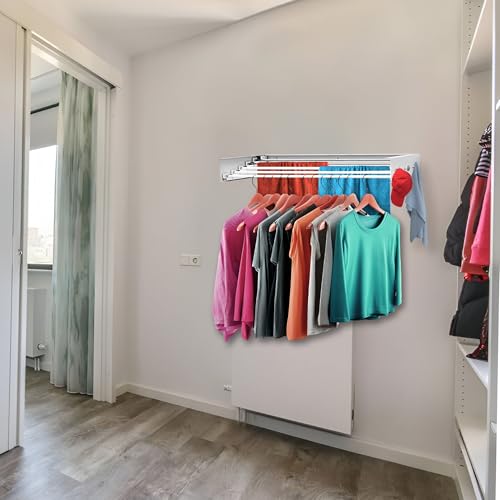 Wall Mounted Drying Racks for Laundry (31.5 Inches Wide) – Retractable Clothes Drying Rack Wall Mounted with Carbon Steel Panel 6 Knobs & 5 Aluminium rods, Wall Drying Rack with Screws (White) - color: White