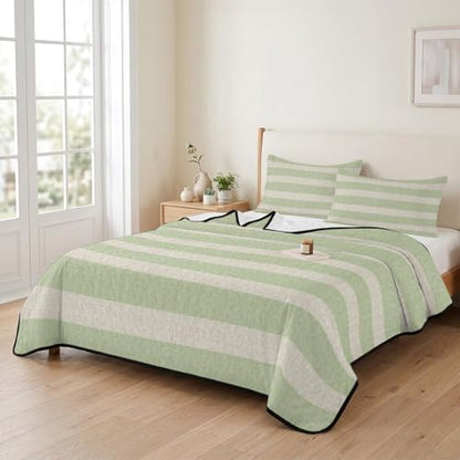 King Quilt Bedding Set, Sage Green Stripes Farmhouse Lightweight Coverlet Summer Comforter Set Soft Microfiber Bedspread, Retro Linen Texture 3 Piece Quilt Set with 2 Pillow Shams All Seasons Use - color: Green, size: 96x106in