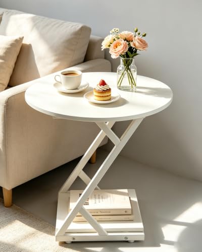 20In Small Round Side Table, 2-Tier White End Table with Z-Shaped Metal Frame, Round Accent Coffee Table with Storage Shelf, Modern Sofa Side Table for Living Room, Bedroom - color: 20in-white