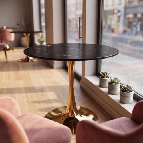 31.5" Round Tulip Dining Table, Circle Tulip Table with MDF Tabletop and Gold Metal Pedestal Base, Mid Century Modern Bistro Table for Kitchen, Dining Room, Cafe (Black and Gold) - color: Black and Gold
