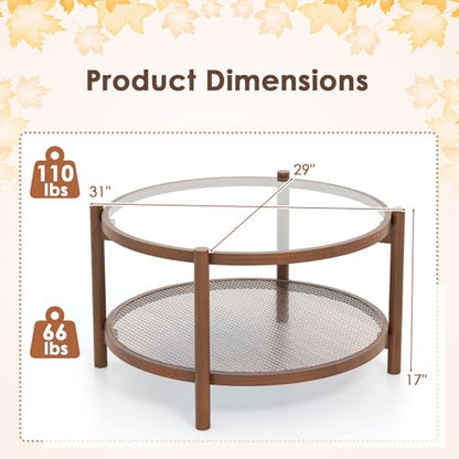GIANTEX Rattan Coffee Table, Boho Round Glass Tea Table with PE Rattan Storage Shelf & Wood Frame, 2 Tier Accent Center Table for Living Room, Apartment, Small Space - color: Brown